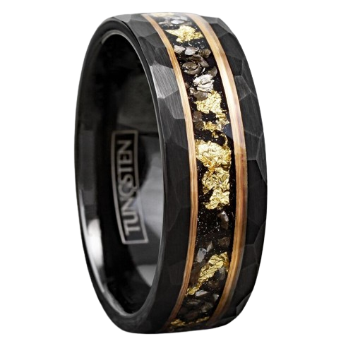 Tungsten Rings for Men Wedding Bands for Him Womens Wedding Bands for Her 8mm Black Meteorite Gold Flakes