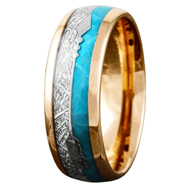 Mens Wedding Band Rings for Men Wedding Rings for Womens / Mens Rings Rose Gold Faux Blue Opal & Meteorite - Jewelry Store by Erik Rayo