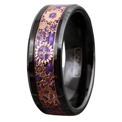 Tungsten Rings for Men Wedding Bands for Him Womens Wedding Bands for Her 8mm Black Rose Gold Plated Steampunk Clockwork Gears Purple - Jewelry Store by Erik Rayo