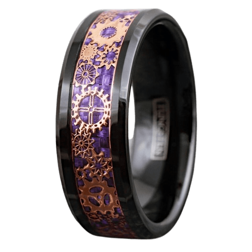 Mens Wedding Band Rings for Men Wedding Rings for Womens / Mens Rings Black Rose Gold Plated Steampunk Clockwork Gears Purple - Jewelry Store by Erik Rayo