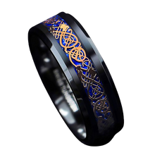 Load image into Gallery viewer, Mens Wedding Band Rings for Men Wedding Rings for Womens / Mens Rings Rose Gold Celtic Dragon Blue Carbon Fiber
