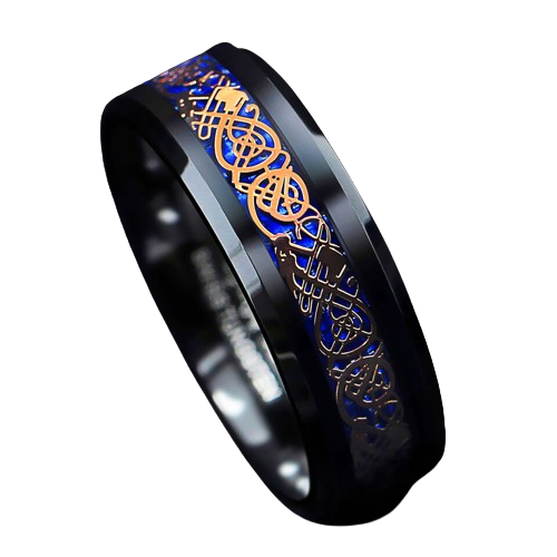 Mens Wedding Band Rings for Men Wedding Rings for Womens / Mens Rings Rose Gold Celtic Dragon Blue Carbon Fiber