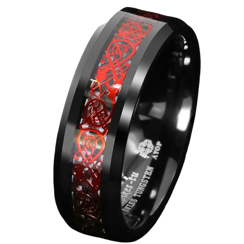 Mens Wedding Band Rings for Men Wedding Rings for Womens / Mens Rings Red Celtic Dragon Black Carbon Fiber