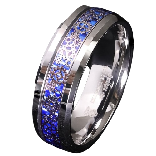 Mens Wedding Band Rings for Men Wedding Rings for Womens / Mens Rings Clockwork Gears Blue Carbon Fiber