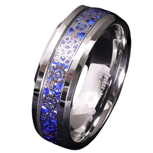 Mens Wedding Band Rings for Men Wedding Rings for Womens / Mens Rings Clockwork Gears Blue Carbon Fiber