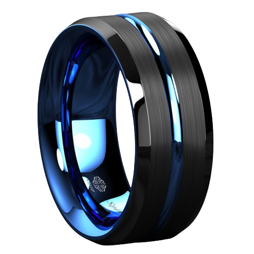 Engagement Rings for Women Mens Wedding Bands for Him and Her Promise / Bridal Mens Womens Rings Blue Line Black Brushed