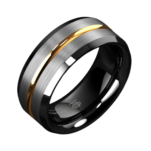 Mens Wedding Band Rings for Men Wedding Rings for Womens / Mens Rings Silver Brushed Black Edge Gold Line