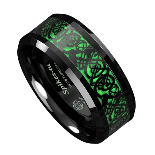 Mens Wedding Band Rings for Men Wedding Rings for Womens / Mens Rings Black Celtic Dragon Carbon Fiber Green