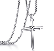 Load image into Gallery viewer, Cross Necklace for Men Nail Silver Pendant Necklace Chain 24 inch Stainless Steel
