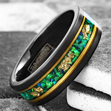 Load image into Gallery viewer, Tungsten Rings for Men Wedding Bands for Him Womens Wedding Bands for Her 8mm Green Opal with 24K Gold Foil Leaf - Jewelry Store by Erik Rayo
