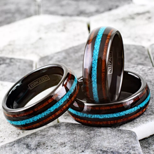 Load image into Gallery viewer, Men&#39;s Wedding Band Ring with Koa Wood and Crushed Turquoise - Perfect for Weddings and Special Occasions
