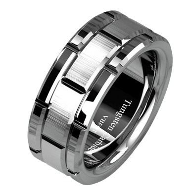 Tungsten Carbide Wedding Band Rings for Men Silver Brushed Bricked Pattern - Jewelry Store by Erik Rayo