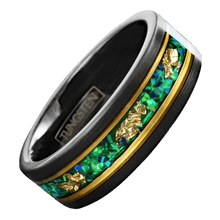 Load image into Gallery viewer, Tungsten Rings for Men Wedding Bands for Him Womens Wedding Bands for Her 8mm Green Opal with 24K Gold Foil Leaf - Jewelry Store by Erik Rayo
