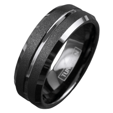 Tungsten Rings for Men Wedding Bands for Him Womens Wedding Bands for Her 8mm Black Sand Blast Finish Center Groove - Jewelry Store by Erik Rayo