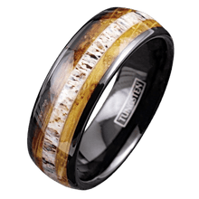 Load image into Gallery viewer, Men&#39;s Wedding Band Rings - Deer Antler &amp; Whiskey Barrel - Unique Wedding Rings for Men and Women
