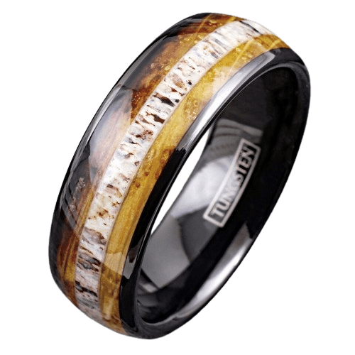 Men's Wedding Band Rings - Deer Antler & Whiskey Barrel - Unique Wedding Rings for Men and Women