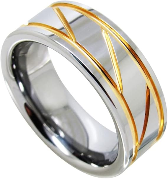 Tungsten Rings for Men Wedding Bands for Him Womens Wedding Bands for Her 8mm Silver Polish 18K Gold Line Inlay