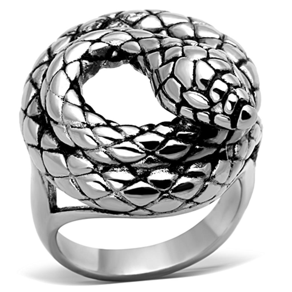 Silver Snake Ring Anillo Para Hombre Mujer y Ninos Unisex Kids 316L Stainless Steel Ring with Epoxy in Jet - Jewelry Store by Erik Rayo
