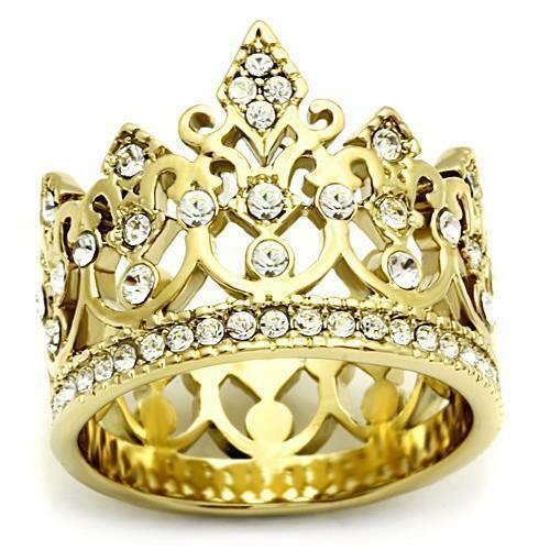 Stainless Steel Gold EP Princess Tiara Crown Crystal Wide Band Ring Anillo Para Mujer - ErikRayo.com