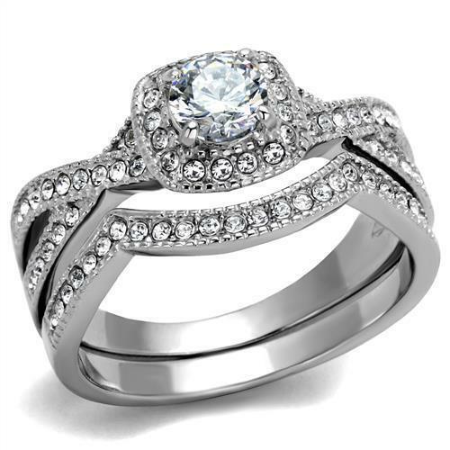 Stainless Steel Women's Infinity Wedding Ring Set Halo Round CZ Cubic Zirconia - ErikRayo.com