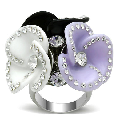Tricolor Purple White Black Flowers Silver Womens Ring 316L Stainless Steel Anillo Morado Negro Blanco Flores Plata Para Mujer Acero Inoxidable - Jewelry Store by Erik Rayo