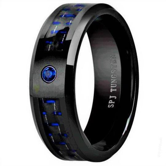 Tungsten Rings for Men Wedding Bands for Him Womens Wedding Bands for Her 8mm Blue Carbon Fiber Blue Diamond - Jewelry Store by Erik Rayo
