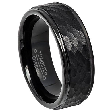 Tungsten Rings for Men Wedding Bands for Him Womens Wedding Bands for Her 6mm All Black Brushed Hammered Center - Jewelry Store by Erik Rayo