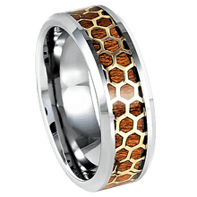 Load image into Gallery viewer, Tungsten Rings for Men Wedding Bands for Him Womens Wedding Bands for Her 6mm Beveled Honeycomb Rosewood Inlay Yellow Gold - Jewelry Store by Erik Rayo
