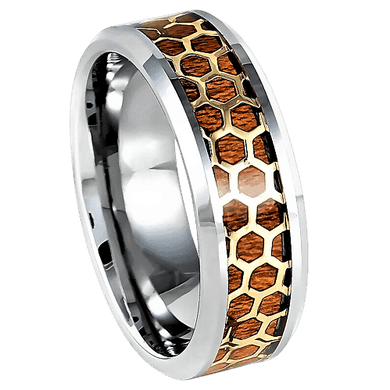 Tungsten Rings for Men Wedding Bands for Him Womens Wedding Bands for Her 6mm Beveled Honeycomb Rosewood Inlay Yellow Gold - Jewelry Store by Erik Rayo