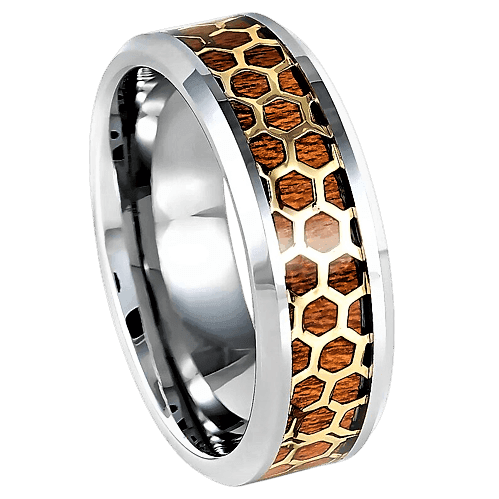 Tungsten Rings for Men Wedding Bands for Him Womens Wedding Bands for Her 6mm Beveled Honeycomb Rosewood Inlay Yellow Gold - Jewelry Store by Erik Rayo