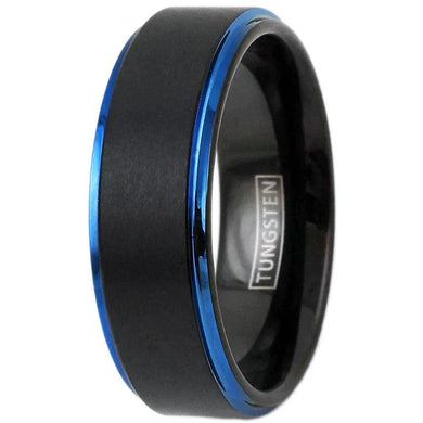 Tungsten Rings for Men Wedding Bands for Him Womens Wedding Bands for Her 6mm Black Brushed Blue Stripe - Jewelry Store by Erik Rayo