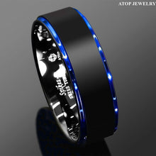 Load image into Gallery viewer, Tungsten Rings for Men Wedding Bands for Him Womens Wedding Bands for Her 6mm Black Brushed Blue Stripe - Jewelry Store by Erik Rayo
