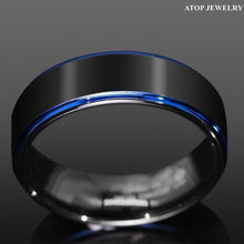 Load image into Gallery viewer, Tungsten Rings for Men Wedding Bands for Him Womens Wedding Bands for Her 6mm Black Brushed Blue Stripe - Jewelry Store by Erik Rayo
