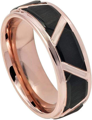 Tungsten Rings for Men Wedding Bands for Him Womens Wedding Bands for Her 6mm Black Brushed Trapezoid Center Rose Gold - Jewelry Store by Erik Rayo