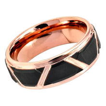 Load image into Gallery viewer, Tungsten Rings for Men Wedding Bands for Him Womens Wedding Bands for Her 6mm Black Brushed Trapezoid Center Rose Gold - Jewelry Store by Erik Rayo

