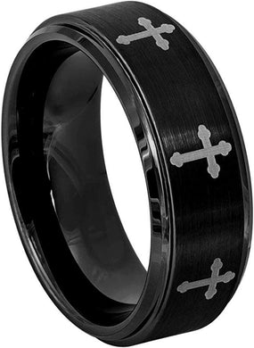 Tungsten Rings for Men Wedding Bands for Him Womens Wedding Bands for Her 6mm Black Crosses IP Plated Flat Brushed Center - Jewelry Store by Erik Rayo