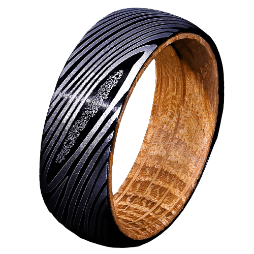 Tungsten Rings for Men Wedding Bands for Him Womens Wedding Bands for Her 6mm Black Damascus Steel with Whiskey Barrel Wood Sleeve Ring - Jewelry Store by Erik Rayo