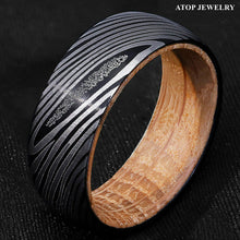 Load image into Gallery viewer, Tungsten Rings for Men Wedding Bands for Him Womens Wedding Bands for Her 6mm Black Damascus Steel with Whiskey Barrel Wood Sleeve Ring - Jewelry Store by Erik Rayo
