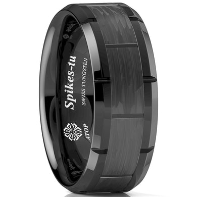 Tungsten Rings for Men Wedding Bands for Him Womens Wedding Bands for Her 6mm Black Pattern Brushed - Jewelry Store by Erik Rayo