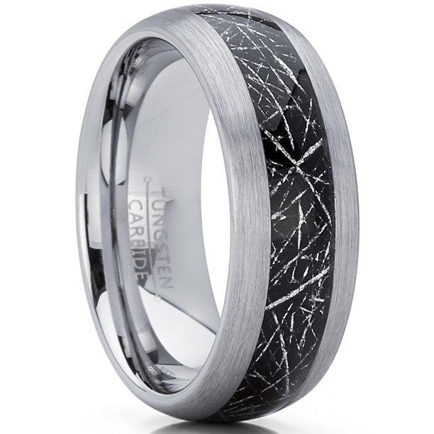 Tungsten Rings for Men Wedding Bands for Him Womens Wedding Bands for Her 6mm Black Silver Meteorite Inlay - Jewelry Store by Erik Rayo