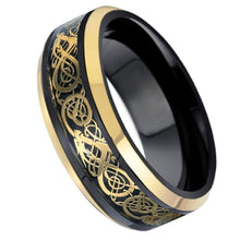 Load image into Gallery viewer, Tungsten Rings for Men Wedding Bands for Him Womens Wedding Bands for Her 6mm Black Yellow Gold Loyal Celtic Dragon Knot - Jewelry Store by Erik Rayo
