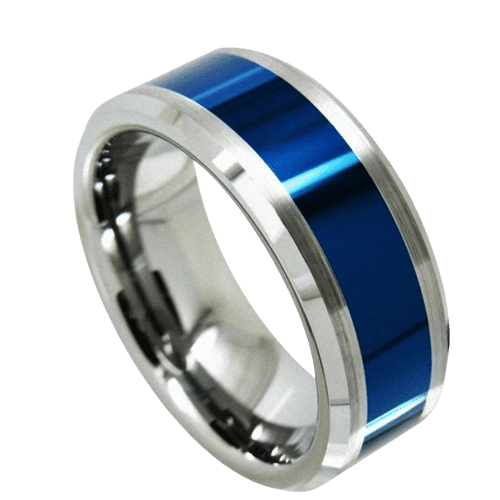 Tungsten Rings for Men Wedding Bands for Him Womens Wedding Bands for Her 6mm Blue Center Silver Brushed Edge - Jewelry Store by Erik Rayo