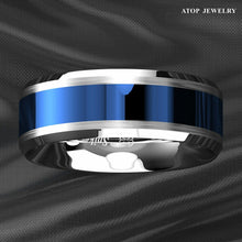 Load image into Gallery viewer, Tungsten Rings for Men Wedding Bands for Him Womens Wedding Bands for Her 6mm Blue Center Silver Brushed Edge - Jewelry Store by Erik Rayo
