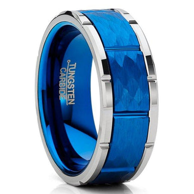 Tungsten Rings for Men Wedding Bands for Him Womens Wedding Bands for Her 6mm Blue Hammered Finish With Notches - Jewelry Store by Erik Rayo