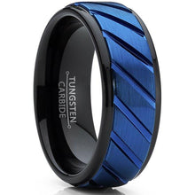 Load image into Gallery viewer, Tungsten Rings for Men Wedding Bands for Him Womens Wedding Bands for Her 6mm Blue IP Plated Diagonally Grooved - Jewelry Store by Erik Rayo
