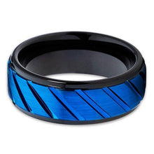 Load image into Gallery viewer, Tungsten Rings for Men Wedding Bands for Him Womens Wedding Bands for Her 6mm Blue IP Plated Diagonally Grooved - Jewelry Store by Erik Rayo
