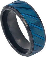 Load image into Gallery viewer, Tungsten Rings for Men Wedding Bands for Him Womens Wedding Bands for Her 6mm Blue IP Plated Diagonally Grooved - Jewelry Store by Erik Rayo
