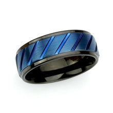 Load image into Gallery viewer, Tungsten Rings for Men Wedding Bands for Him Womens Wedding Bands for Her 6mm Blue IP Plated Diagonally Grooved - Jewelry Store by Erik Rayo
