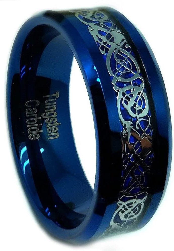 Tungsten Rings for Men Wedding Bands for Him Womens Wedding Bands for Her 6mm Blue IP Plated with Celtic Knot Dragon - Jewelry Store by Erik Rayo