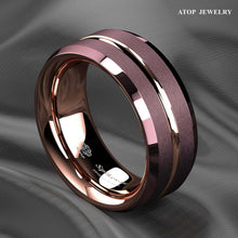 Load image into Gallery viewer, Tungsten Rings for Men Wedding Bands for Him Womens Wedding Bands for Her 6mm Brushed Brown Rose Gold Groove Stripe - Jewelry Store by Erik Rayo
